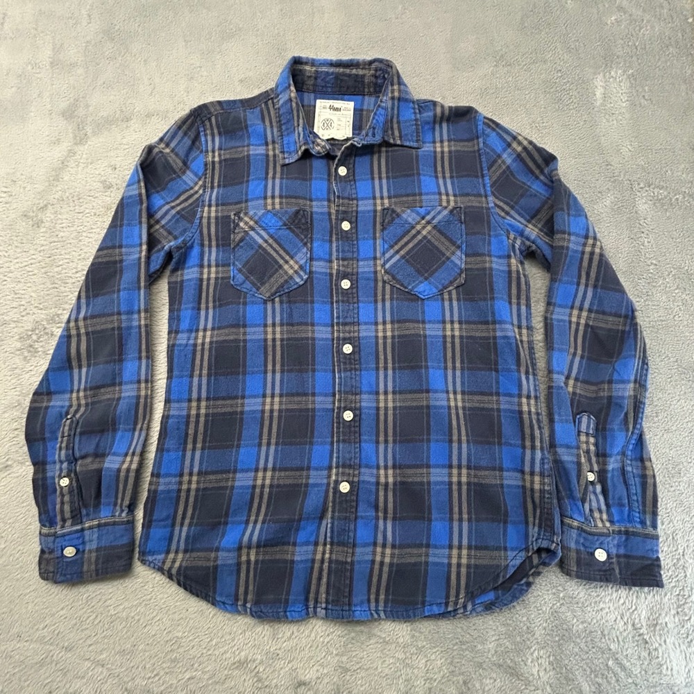 44MM Mens Blue Plaid Flannel Long Sleeve Button Up Shirt Size Small Pocket